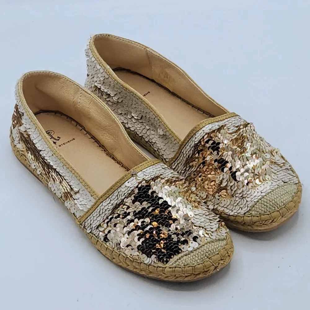 ANDREW STEVENS Chiara Leather Sequins Espadrilles Flats Gold And Cream 37 / 6.5